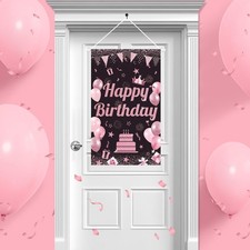 Happy Birthday Door Sign,Pink Black Birthday Door Banner Happy Birthday Hange...