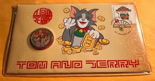 2020 Australia PNC Tom & Jerry Tuvalu Coloured UNC $1 Coin & Stamps