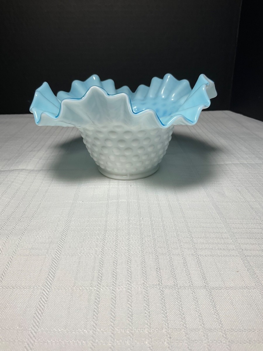 VTG Fenton Aqua Blue With White Overlay Hobnail Ruffle Candy Dish