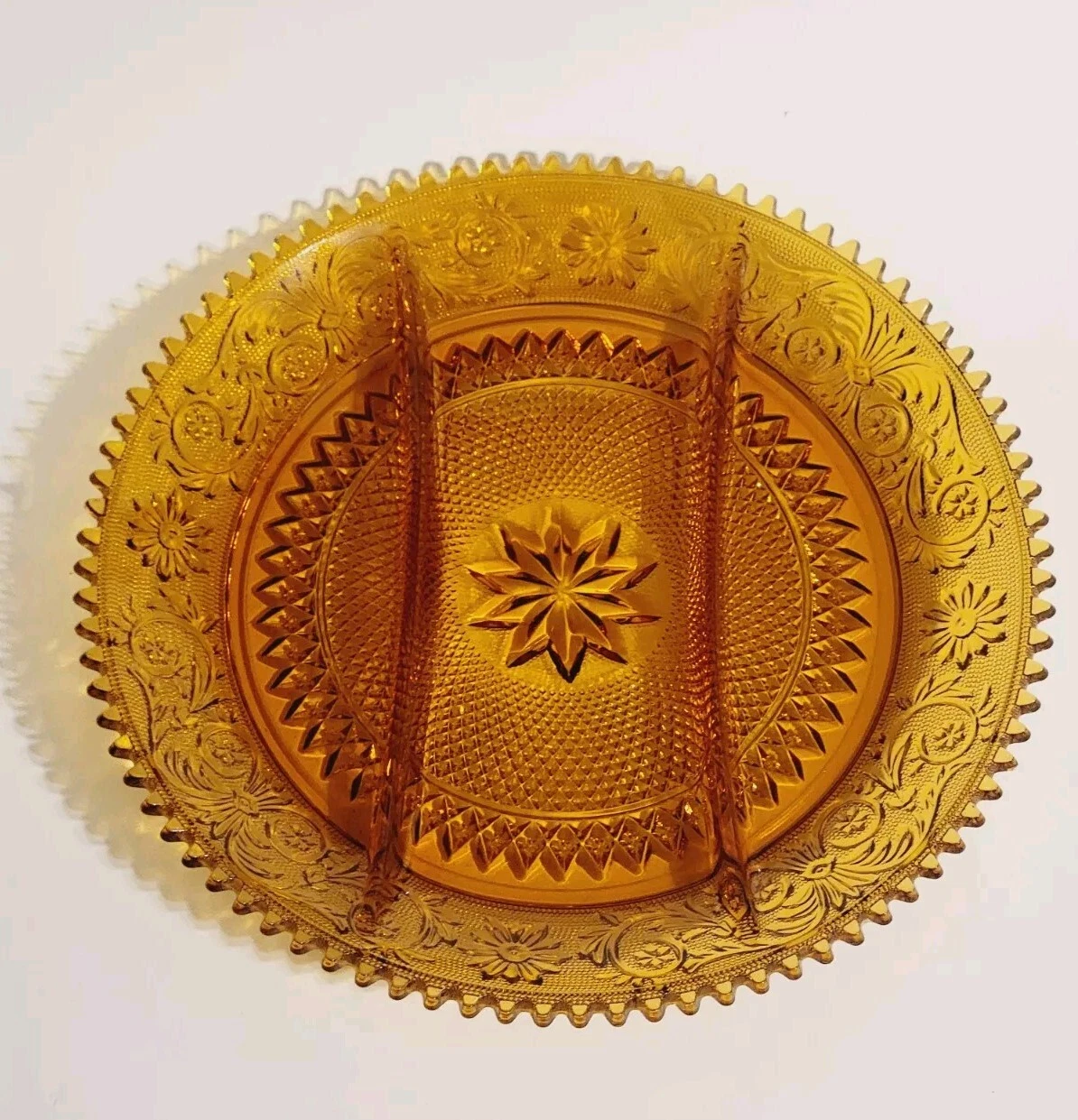 Vintage Indiana Glass Tiara Amber Sandwich Glass 12" Divided Serving Platter