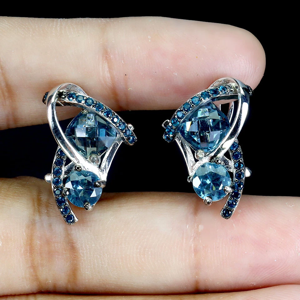 Pendientes de plata 925 de verano cojín topacio azul Londres 6 mm joyas de piedras preciosas Foto 2 de 4