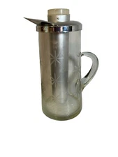 VINTAGE MCM 11.5" GLASS BAR PITCHER W ETCHED STARS CHROMED LID & FREEZER TUBE