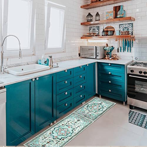 Boho Kitchen Rug, Teal Kitchen Rugs Farmhouse Style, Bohemian Rug