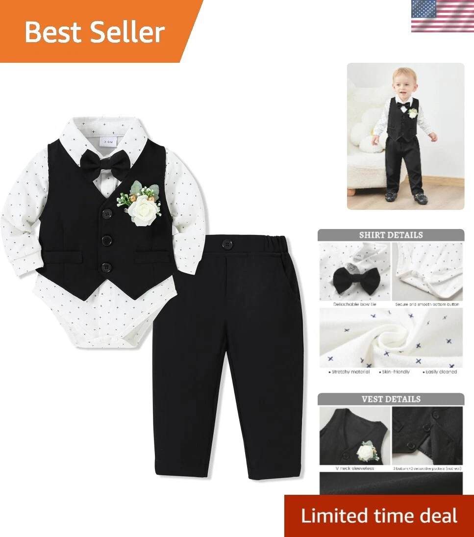 Baby Boy Clothes Suits Infant Gentleman Outfit Collared Dress Shirt+Vest+Tie+...