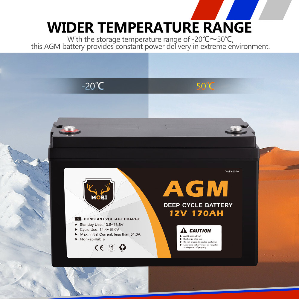 MOBI OUTDOOR 12V 170AH AGM Battery Marine 4WD Deep Cycle & W/ Strap