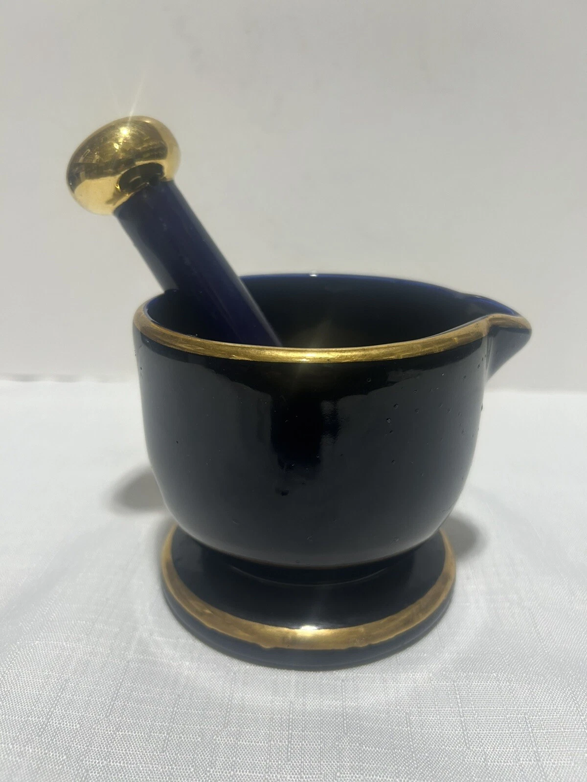 Large Blair Specialties Ceramic Mortar & Pestle, Cobalt Blue & Gold 1960's