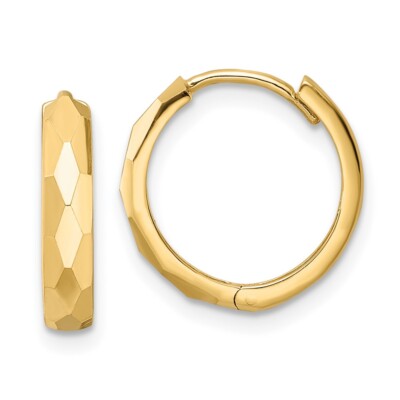 Real 14kt Yellow Gold Polished Faceted 3x15mm Hinged Hoop Earrings