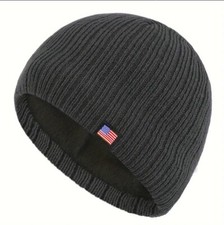 AMERICAN FLAG Label Premium Knit, Thermal Lined Beanie Hat / Cap - DARK GRAY