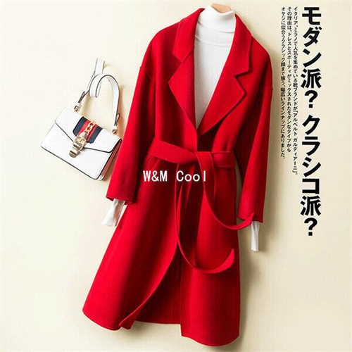 Womens Winter Wool Coat Double Cashmere Mid Long Slim Warm Belt Jacket Overcoat - Picture 7 of 21