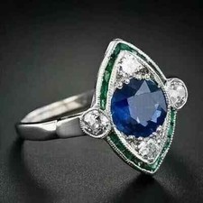 1.50 Ct Art Deco Style Lab-Created Sapphire  Emerald Engagement Ring 925 Silver