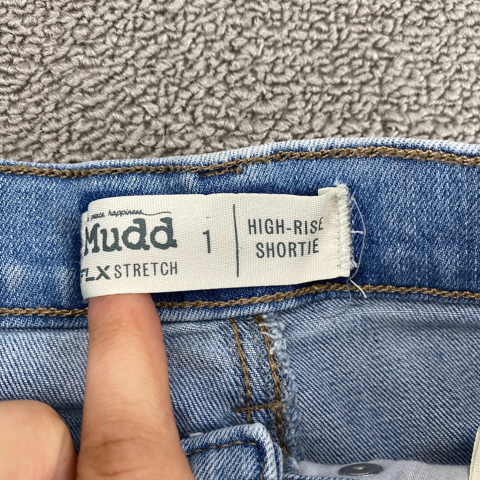 Pantalones cortos de jean Mudd de tiro alto para mujer talla 1 algodón envejecido denim azul  Foto 3 de 4