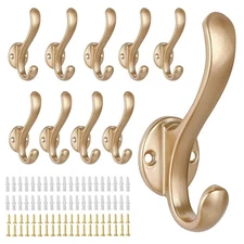 10 Pack Coat Hooks Wall Mount Heavy Duty Retro Double Hooks Gold Hat Towel Key