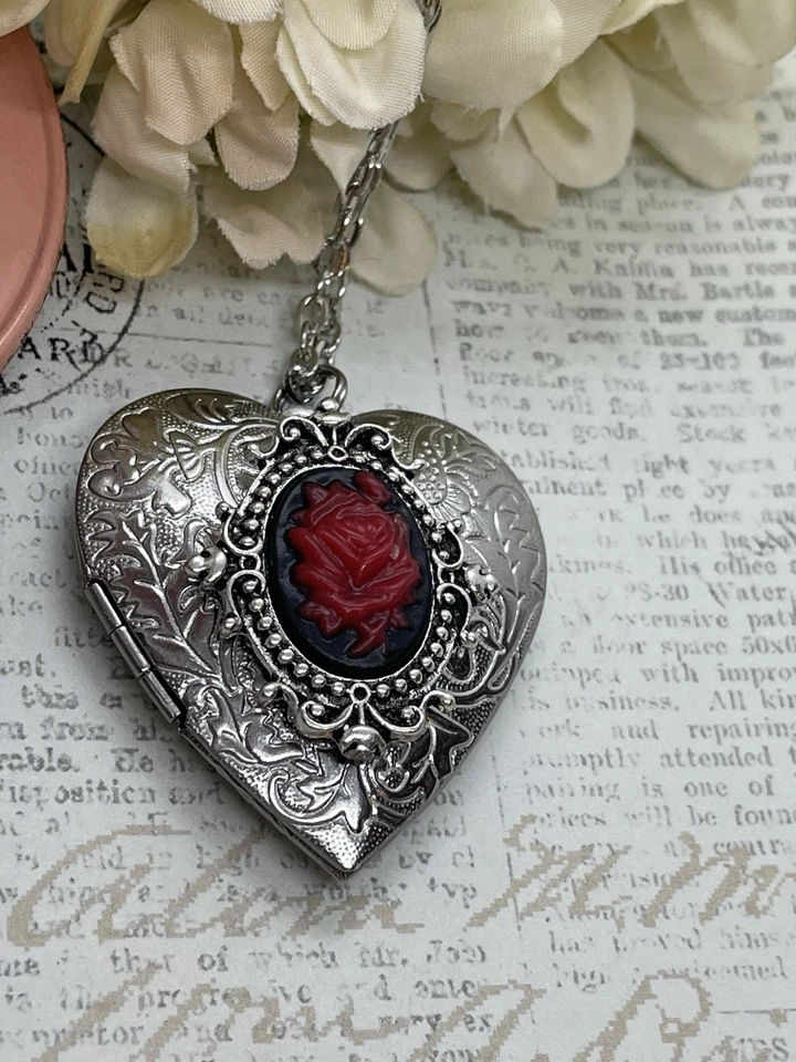 Corazón Plata Negro Rojo Medallón Rosa Gótico Collar Foto Novia Boda Novia Foto 2 de 4