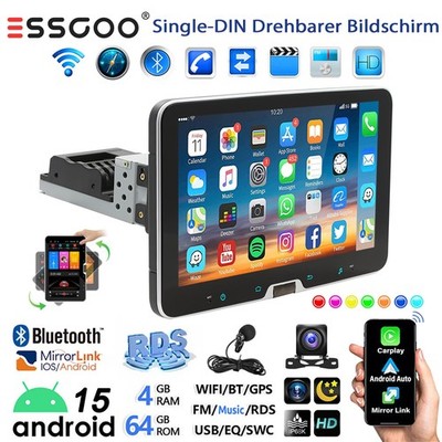 Apple CarPlay 1 DIN Android 15 4+64GB Autoradio KAM 360° Drehbar Bildschirm Navi