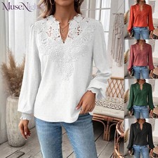 Women Lace V Neck Tunic Tops Ladies Casual Loose Long Sleeve Plain Blouse Shirt