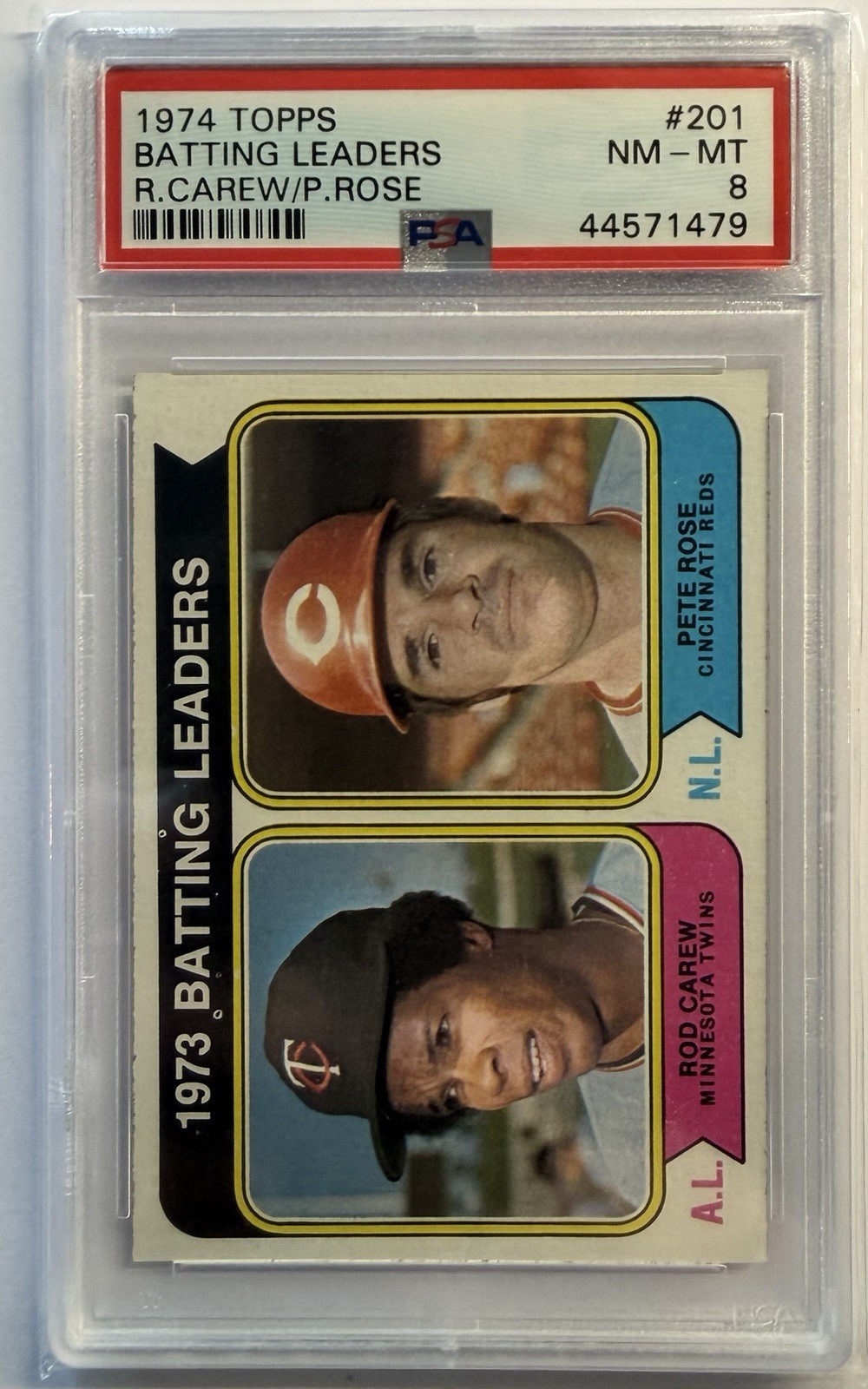 1974 Topps #201 Batting Leaders ROD CAREW / PETE ROSE PSA 8  Twins / Reds
