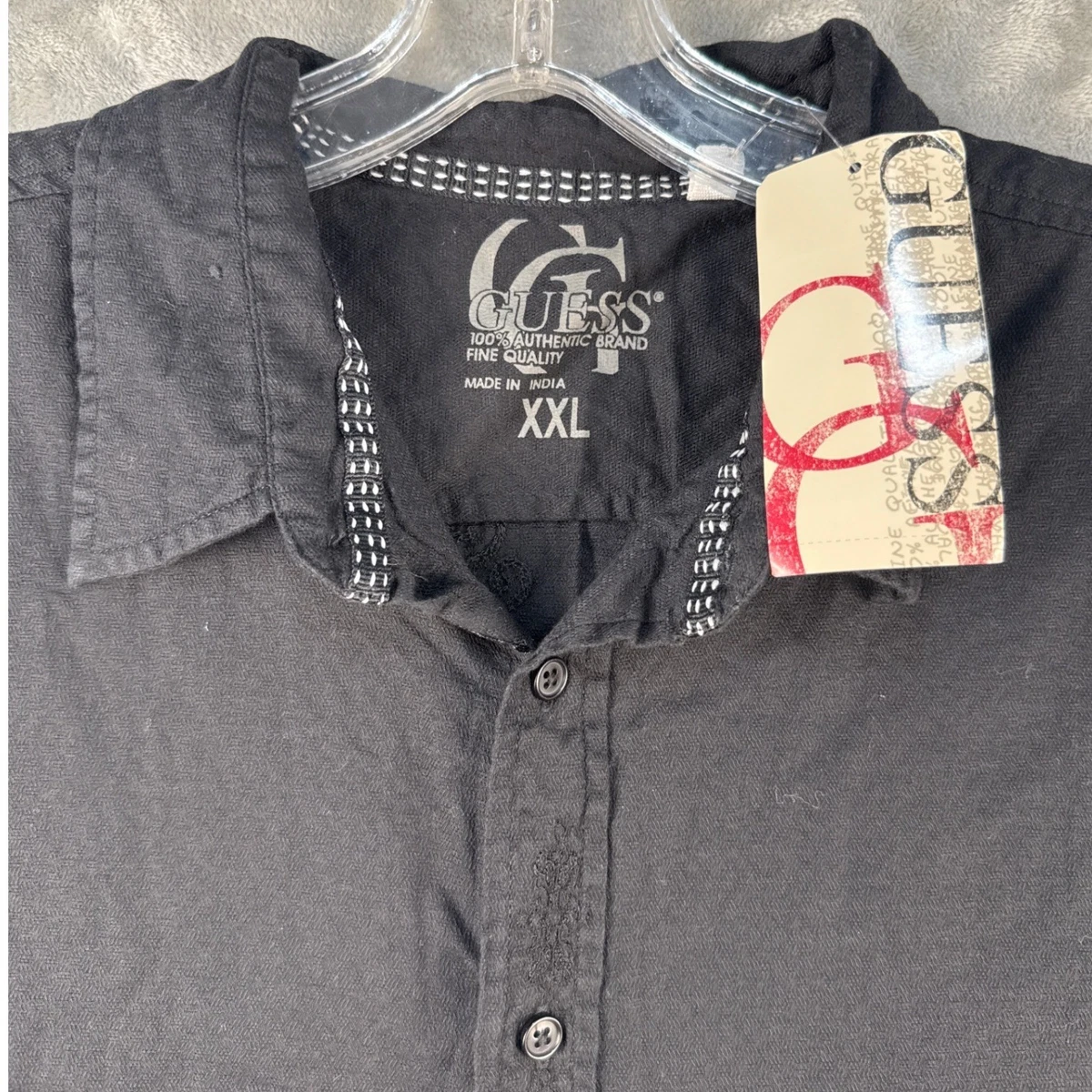 Camisa Guess Para Hombres XXL Negra Abotonada Manga Larga Espalda Bordada Algodón Nueva