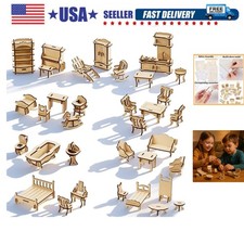 DIY Wooden Dollhouse Furniture Set, 3D Puzzle Miniature Room Accessories, Nat...