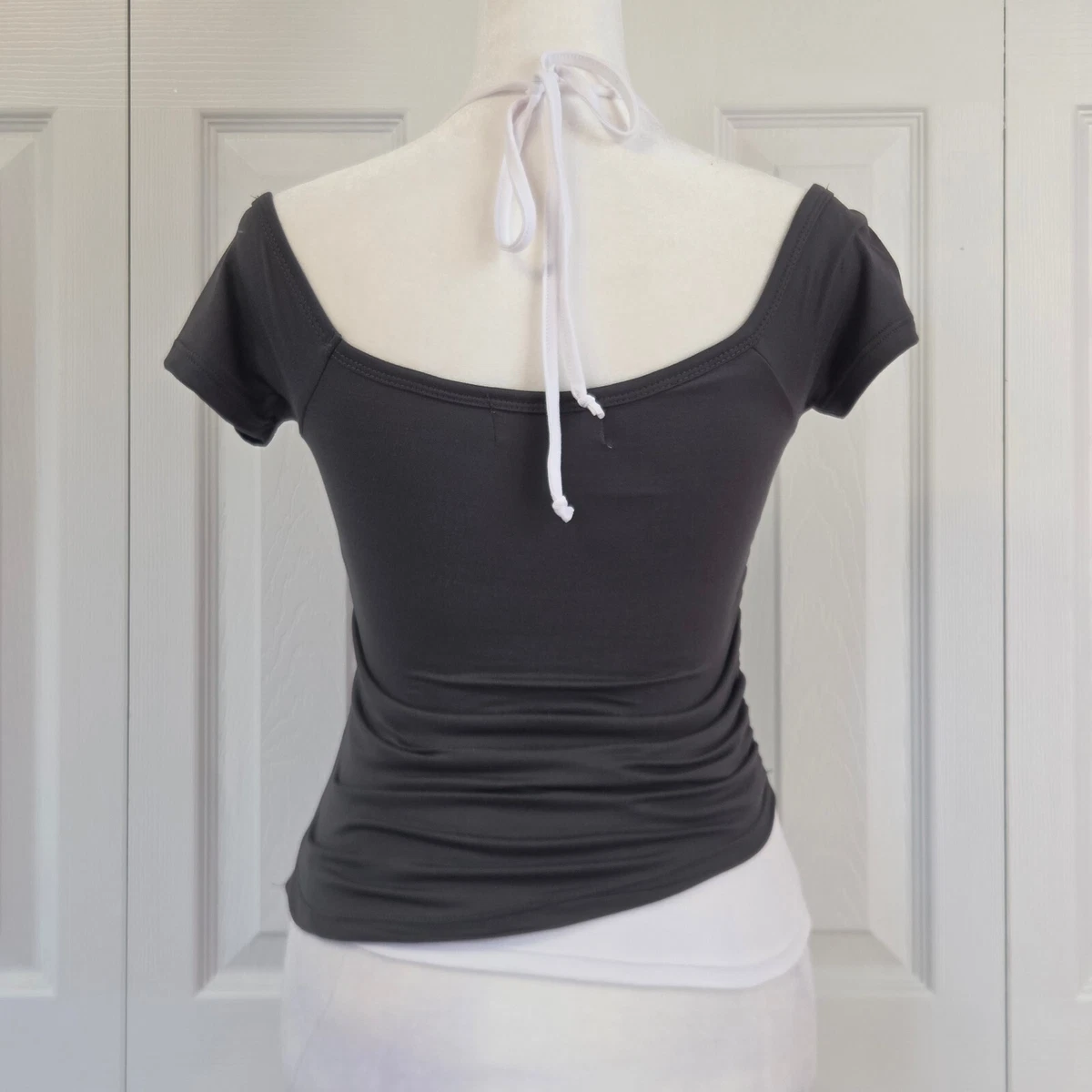 Gray Angel Wings & Cross Off Shoulder Halter Top Size XS Y2K Grunge Rhinestone