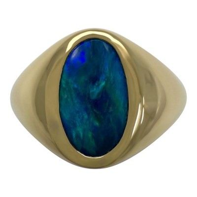 Natürlicher ovaler Siegelring 1,56 kt australischer schwarzer Boulder Opal 18 kt Gelbgold