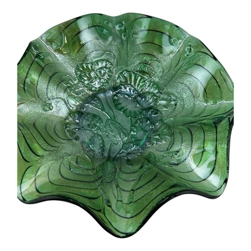 Imperial Glass Carnival Bowl Green Pansy  Ruffled Iridescent FREE SHIPPING