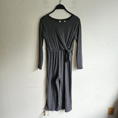Old Navy Girls Gray Ribbed Knit Long Sleeve Tie Waist Jumpsuit Size 10-12