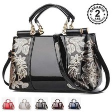 Sac à Main Femme Simili Cuir Brodé Verni Motif Fleurs Brillant Paillettes Chic