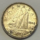 1946 - TEN (10c) CENTS - CANADA - 6.3 MILLION MINTAGE - 80% SILVER - BLUENOSE
