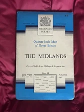 OS, Ordnance Survey, The Midlands,  Sheet 13,  1962, Quarter Inch Cloth Map