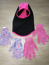 girls BALACLAVA FLEECE winter hat ages 6-17 DARK PINK BLACK 2 pair GLOVES one sz