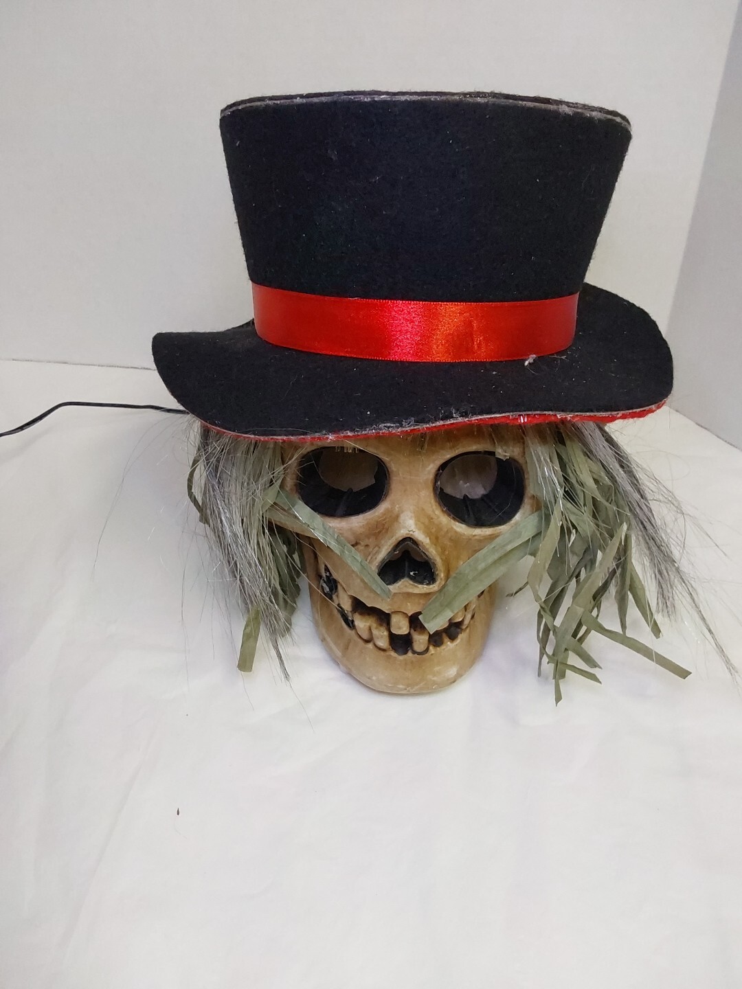 Vintage Glowing Fiber Optic Skull Head Scarecrow Prop with Top Hat