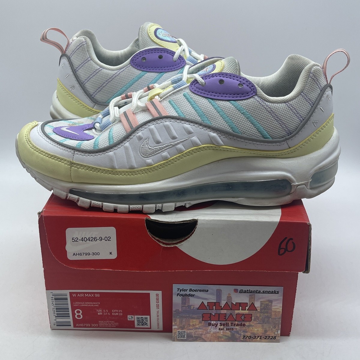 Size 8W Nike Air Max 98 Easter Pastel White Blue Yellow Grey (AH6799-300)