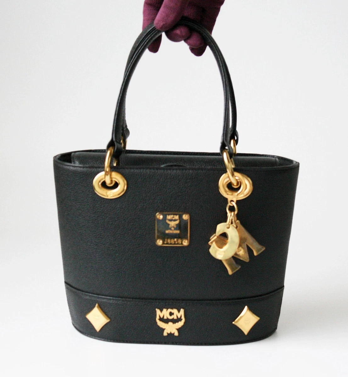 MCM Black Leather Mini Bucket Top Handle Bag With Keyring 