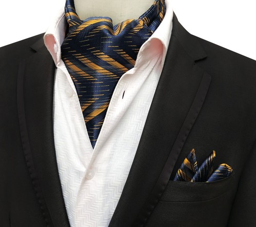 Classic Men's Ascot Cravat Tie Silk Paisley Blue Black Scarves Cravat Hanky Set - Picture 22 of 49