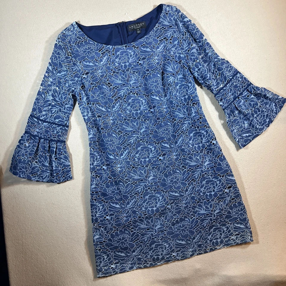 Vestido Laundry by Shelli Segal Azul Encaje Manga Campana Talla 10 Cóctel Fiesta Foto 4 de 4