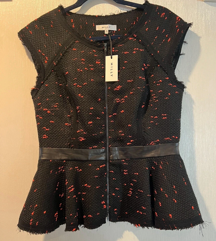 MILLY кожаная отделка крапинками Твид без рукавов пеплум Топ куртка черный размер 10 - новый с ярлыками! - Изображение 2 из 4