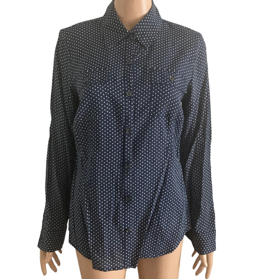 Camisa Van Heusen Mujer Mediana Negra Blanca Pequeña Lunares Botón Delantero Clásica Foto 3 de 4