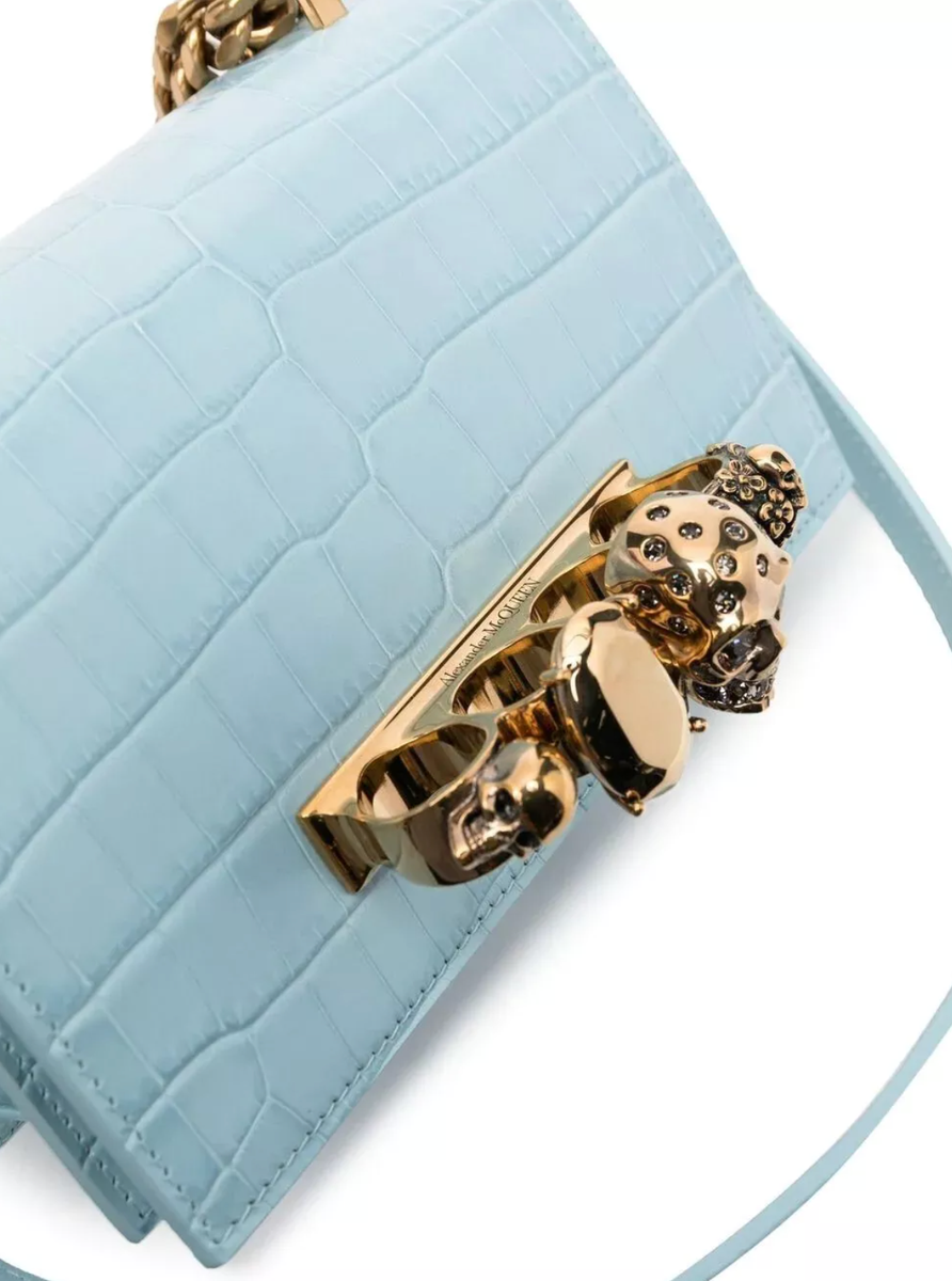 ALEXANDER MCQUEEN JEWELLED SATCHEL-BLUE CROCO LEATHER GOLD SKULL