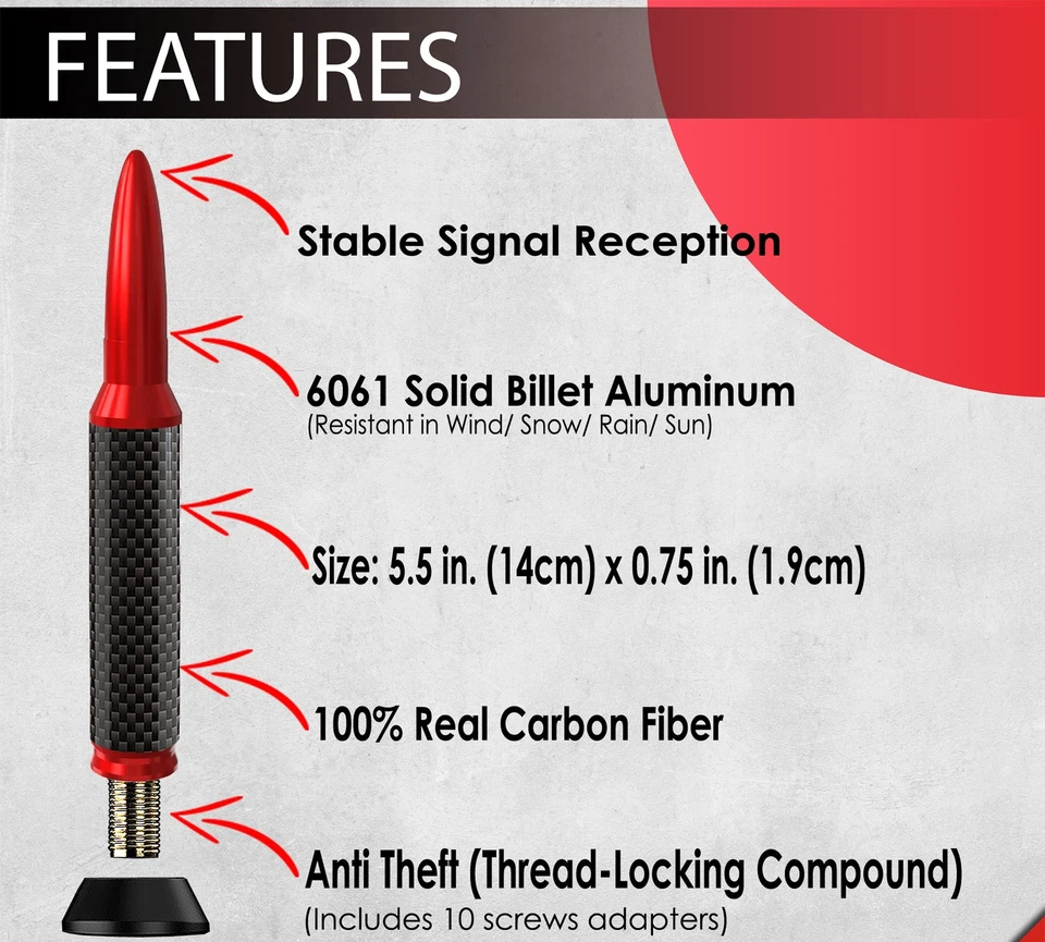 Антенна ICBEAMER 50 калибр Red Bullet 5,5 дюйма для пикапов - Изображение 2 из 4