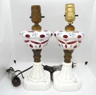 A Pair of Vintage Milk Glass Red White Floral Victorian Table Lamps - Repair