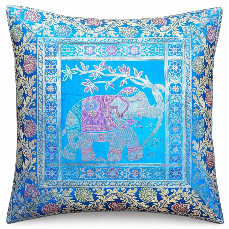 Funda de cojín de seda brocado artesanal diseño elefante azul 16 * 16" - Imagen 1 de 4