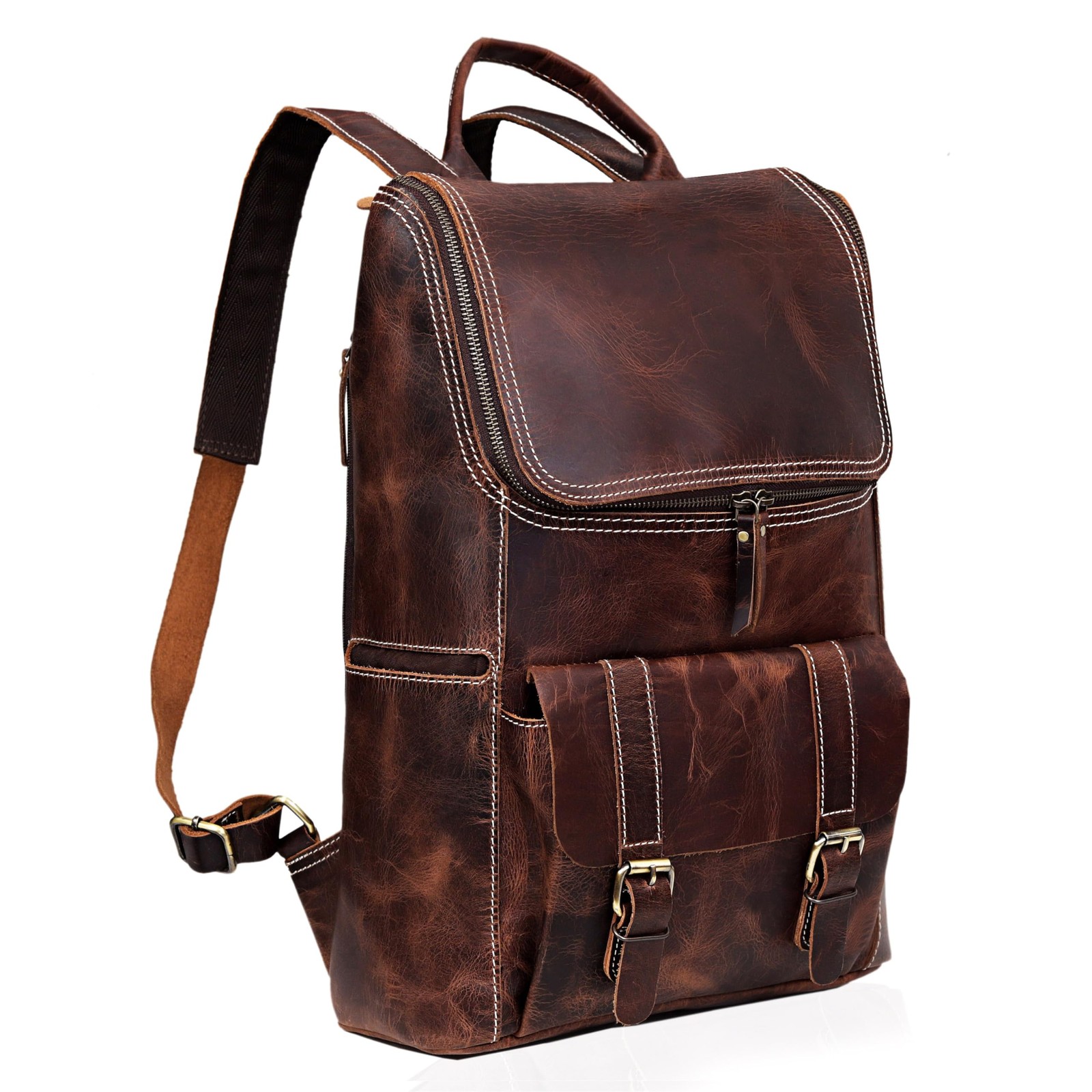 C Full Grain Leather Backpack for Men - 17 Inch Laptop Bag - Vintage Travel R...
