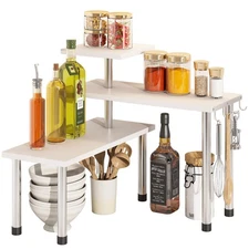 Kitchen Corner Shelf Countertop Organizer with Hooks Adjustable Spice Rack Co...