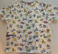 Dickies Uniform Scrub Top White w/Dogs  Cats Pattern Large Preowned A3-19 