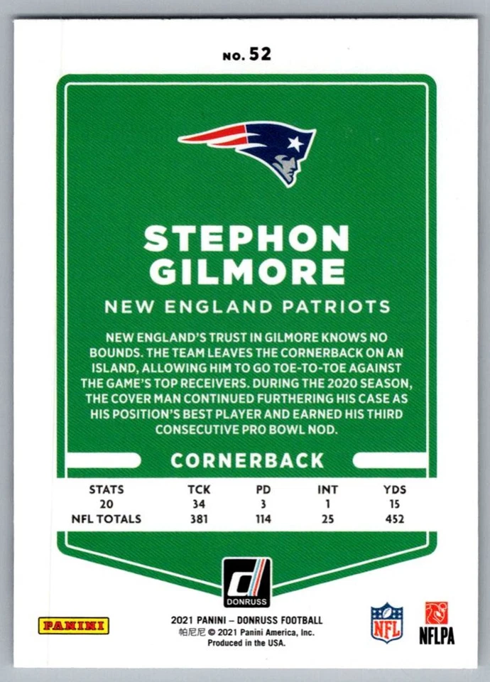 2021 Donruss Stephon Gilmore New England Patriots #52 - Image 2 of 2