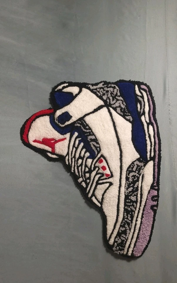 Tapete tufado retrô feito à mão Air Jordan 3 2 pés azul e branco, tênis, Jordans - Imagem 3 de 4