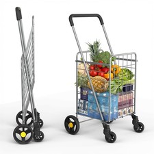 Foldable Collapsible Shopping Cart With 360 Swivel Wheels Silver Utility Trolley