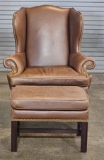 Brown Leather Mahogany Chippendale Wing Chair with Matching Ottoman Footstool