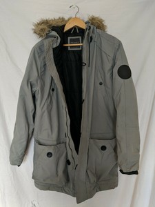 grey winter jacket with fur hood