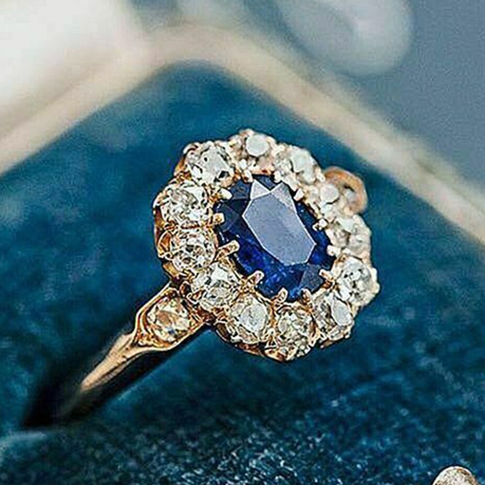 Vintage Art Deco Simulated Blue Oval Sapphire Engagement Ring Silver